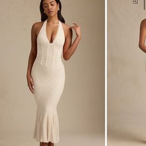 Oh Polly Cream Ribbed Halter Bodycon Dress